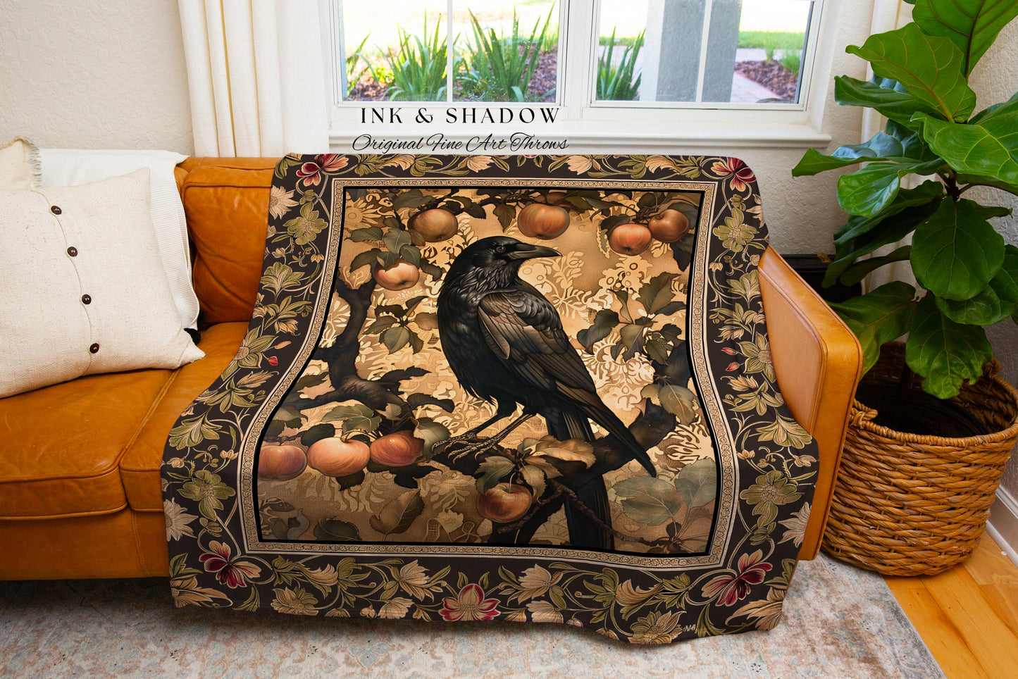 Ornate Antique Gold Baroque Raven Forestcore Fruit Tree Woodland Tapestry Throw | Enchanting Gothic Crowcore Mystical Victorian Cottagecore