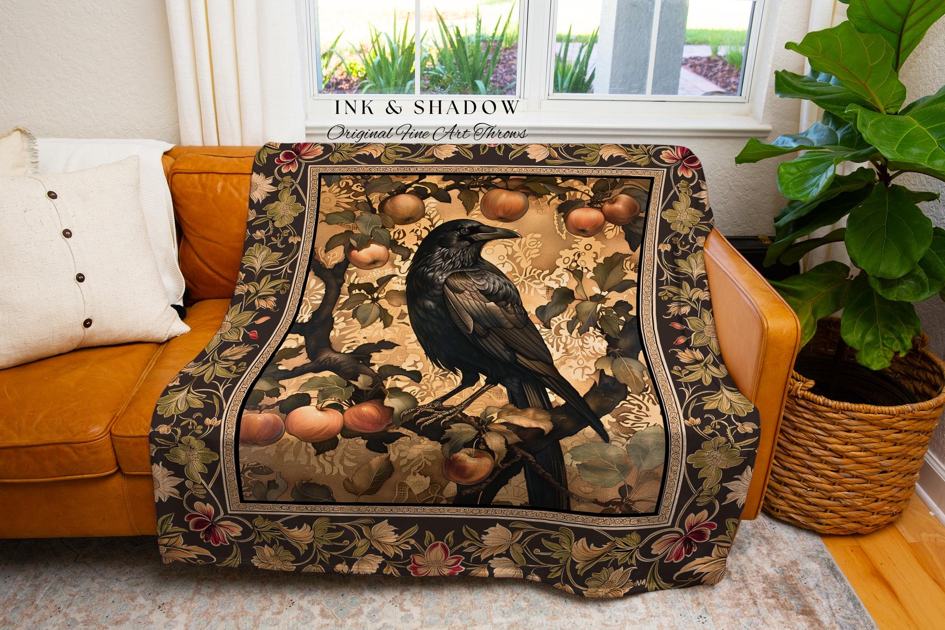 Ornate Antique Gold Baroque Raven Forestcore Fruit Tree Woodland Tapestry Throw | Enchanting Gothic Crowcore Mystical Victorian Cottagecore