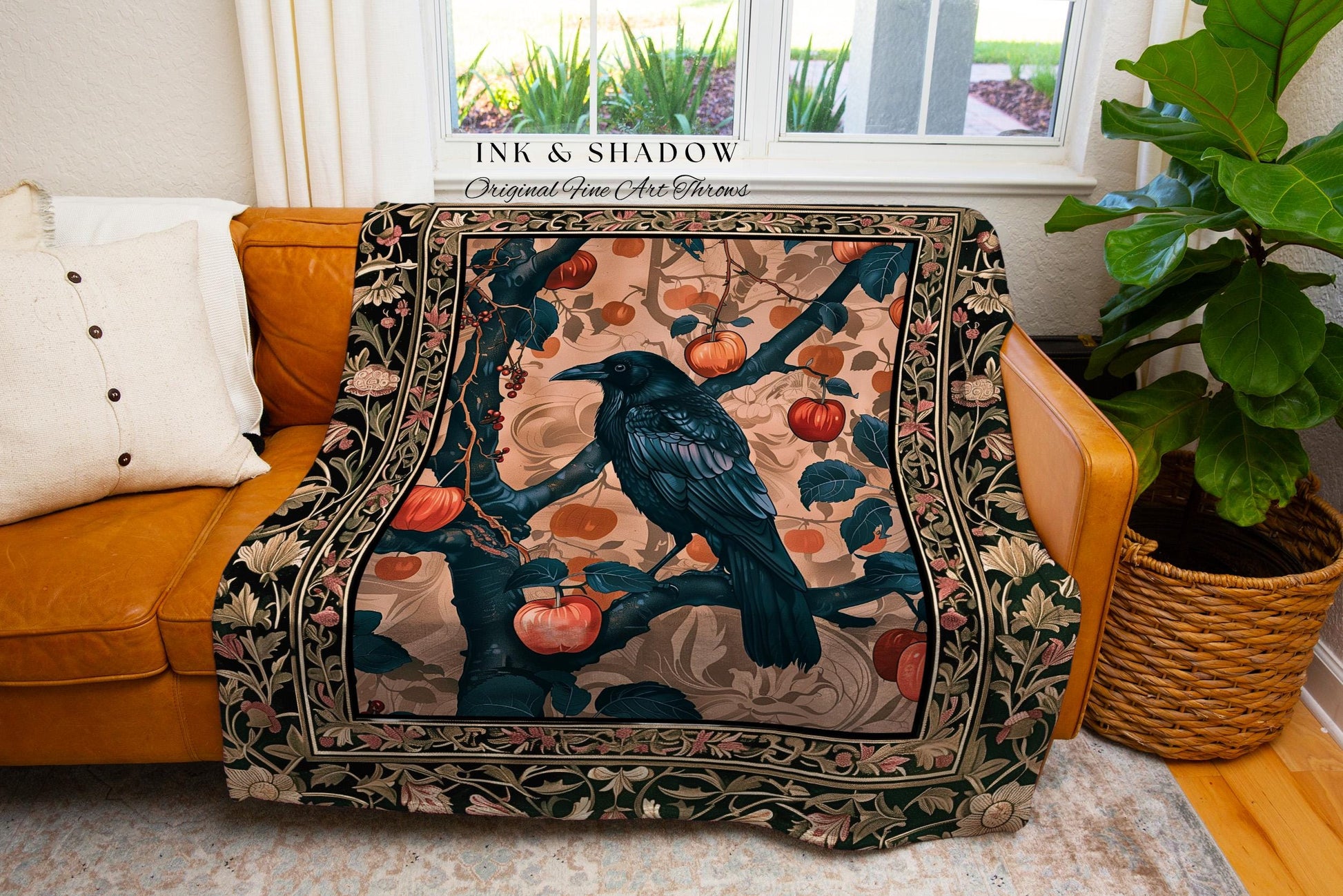 Victorian Raven Enchanted Forest Blanket Whimsical Woodland Gothic Apple Tree Tapestry | Dark Cottgecore Cottage Goth Crowcore Fairy Grunge