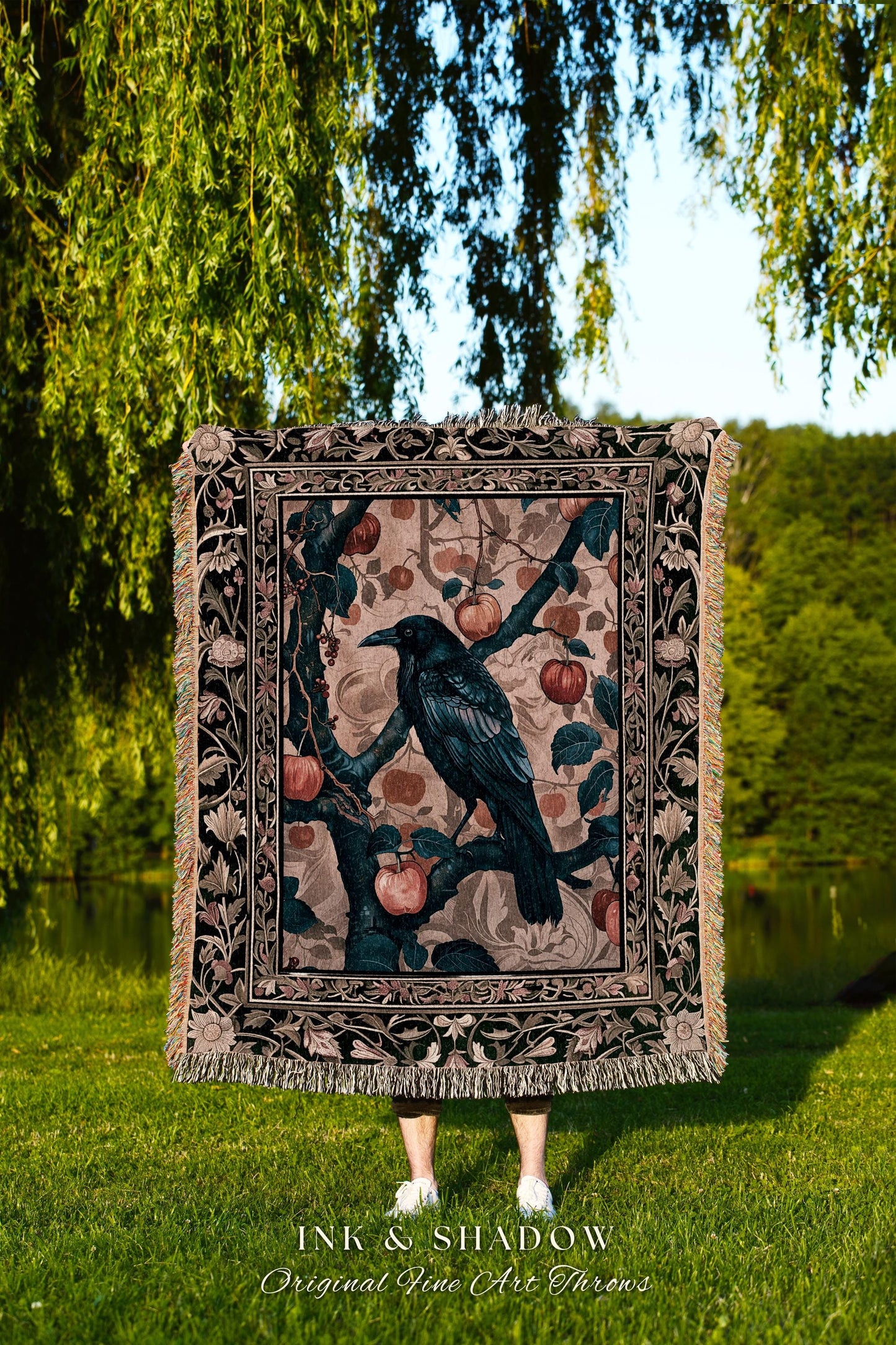 Victorian Raven Enchanted Forest Blanket Whimsical Woodland Gothic Apple Tree Tapestry | Dark Cottgecore Cottage Goth Crowcore Fairy Grunge