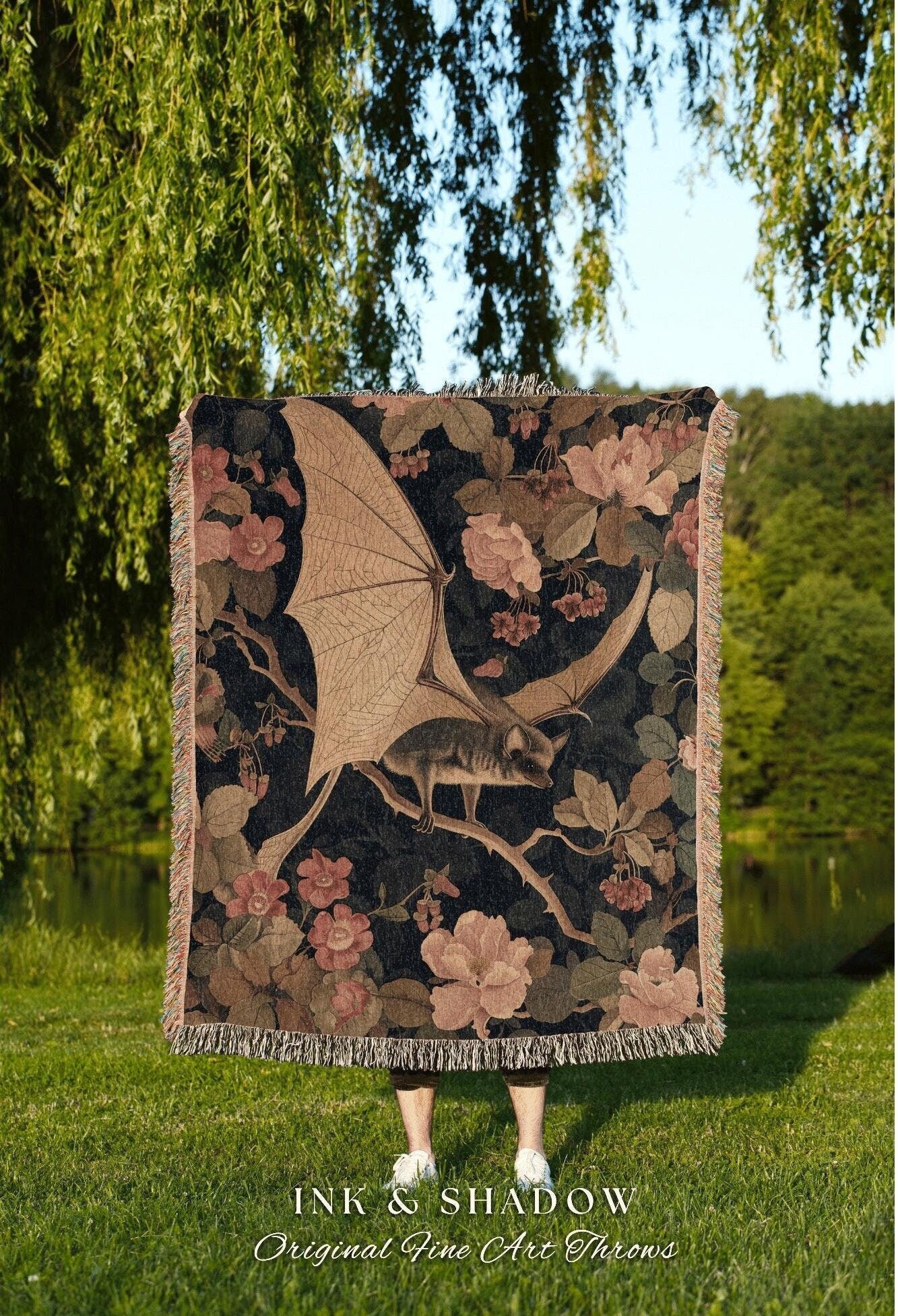 Bat Tapestry Blanket Woven | Pastel Gothic Wall Tapestry Pastel Botanical Bedroom Decor Fruit Bat Neutral Wall Art Whimsical Dark Academia |