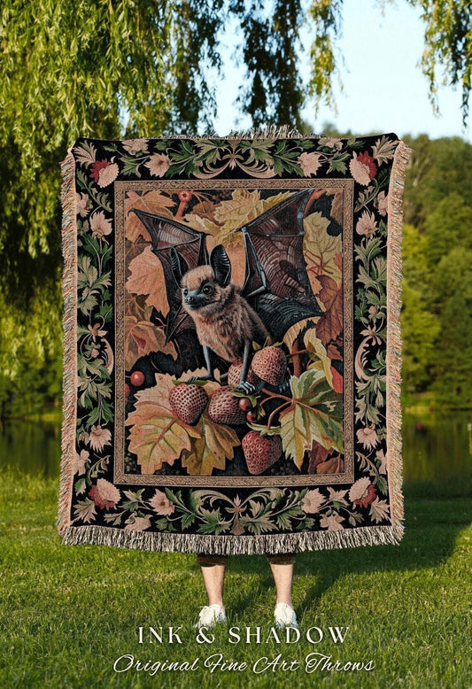 Maximalist Bat Throw Blanket Cozy | Whimsical Gothic Cottagecore Blanket Woven Throw Witch Aesthetic Bedroom Woodland Ethereal Botanical |