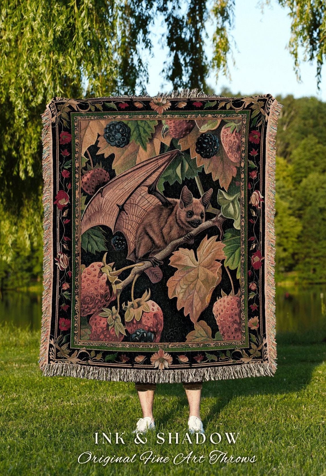 Colorful Room Accent Gothic Bat Throw Woodland Throw Blanket Dark Botanical Decor Housewarming Gift Bat Lover Wall Art Whimsigoth Victorian