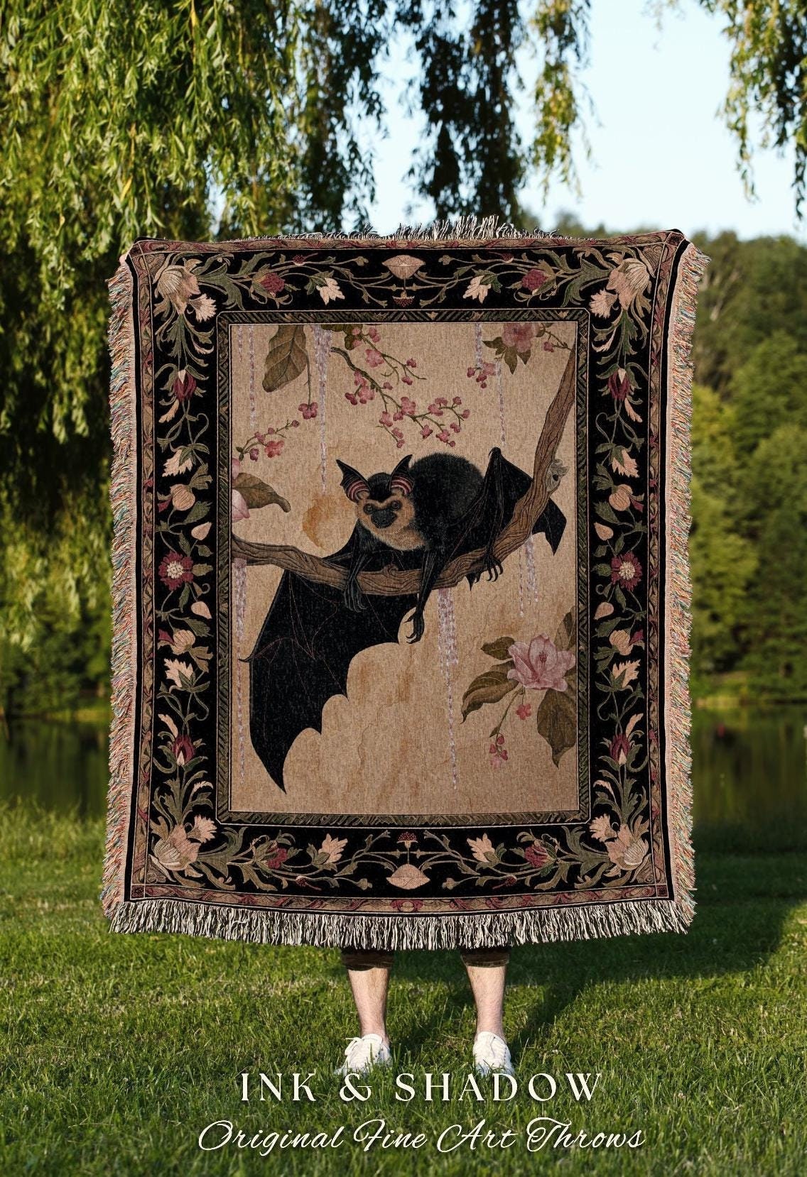 Elegant Throw Blanket Bat Lover Decor | Celestial Tapestry Woven Blanket Victorian Gothic Bedroom Decor Woodland Ethereal Botanical Gothic |