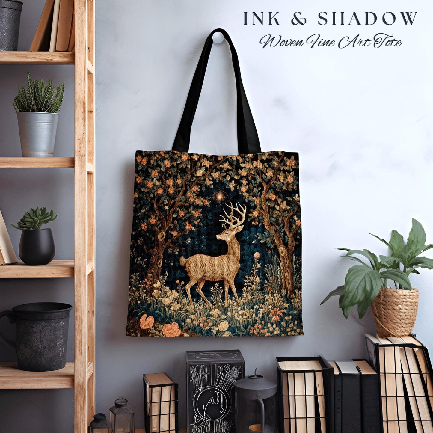 Enchanted Woods Tote | Folk Art Aesthetic Shoulderbag Woven William Morris Bag Dark Fairycore Gothic Botanical Deer Woodland Magic Bag |