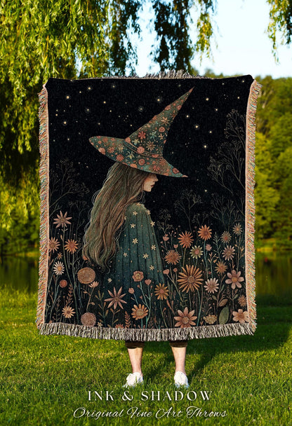 Whimsigothic Witchy Woven Wildflower Throw Celestial Cottagecore Decor | Whimsical Vintage Aesthetic Witch Tapestry Blanket Gothic Fairycore