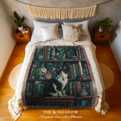 Book Loving Cat Bookshelf Tapestry | Victorian Gothic Gift for Reading Corner Cat Lover Woven Blanket Mystic Room Decor Dark Academia Art