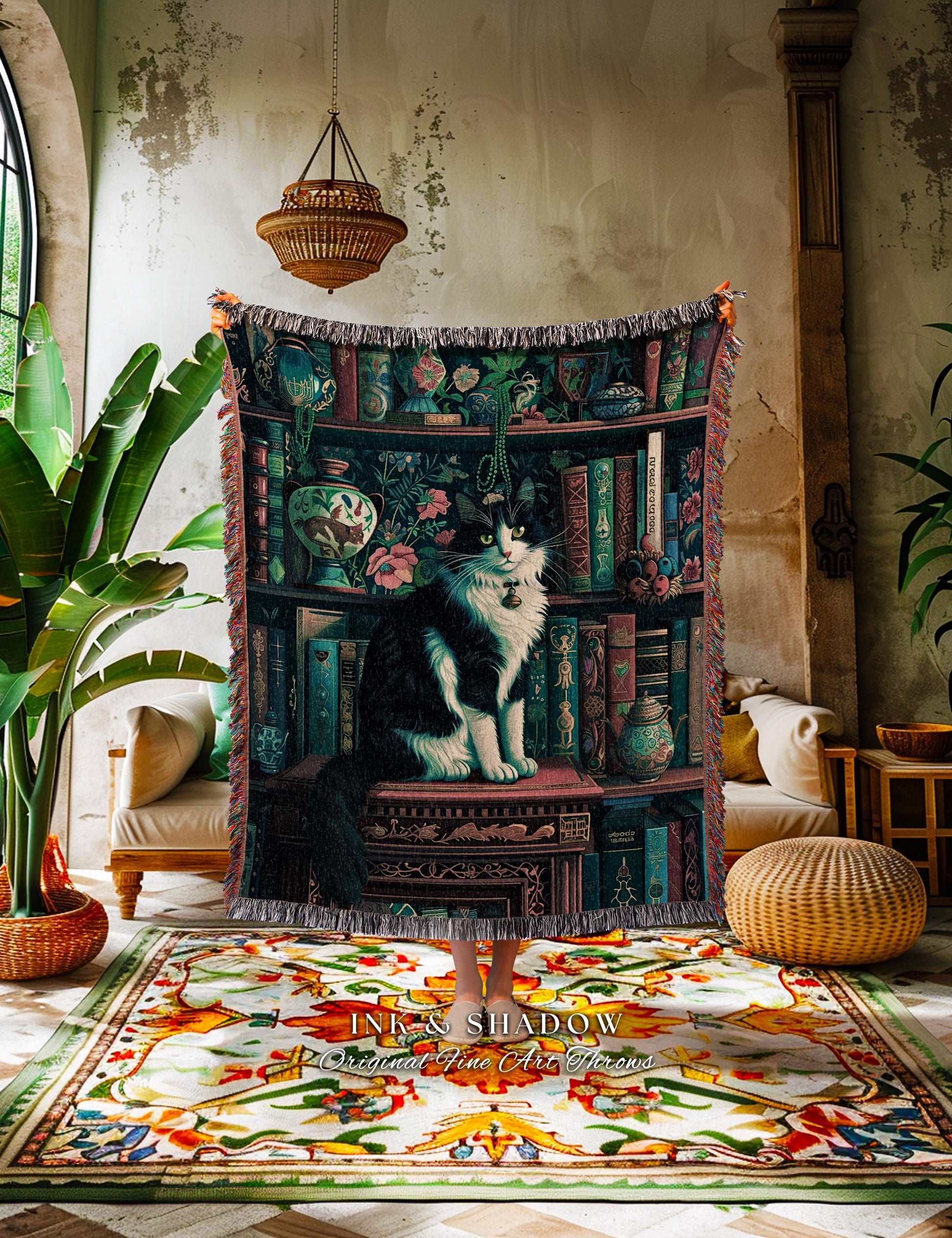 Book Loving Cat Bookshelf Tapestry | Victorian Gothic Gift for Reading Corner Cat Lover Woven Blanket Mystic Room Decor Dark Academia Art