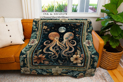 Moonlit Mystic Octopus Throw Blanket | Magical Sea Life Woven Tapestry Ethereal Ocean Aesthetic Beach House Throw Whimsigothic Decor Style |