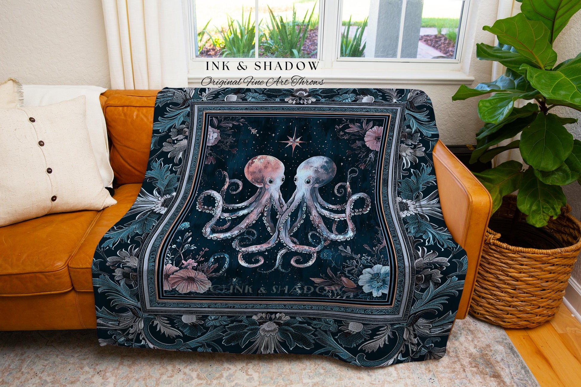 Ocean Blue Octopus Woven Tapestry | Rustic Nautical Sea Life Woven Throw Blanket Floral Victorian Gothic Aesthetic Costal Crustaceancore Art