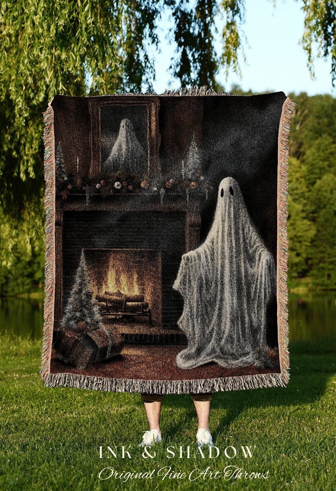 Cozy Fireplace Ghost Blanket Goth Christmas Blanket Woven Tapestry | Throw Blanket Winter Holiday Home Decor Christmas Spooky Cute Ghost Art