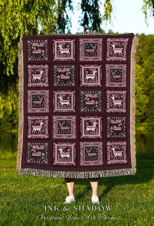 Winter Woodland Whimsigothic Retro Reindeer Holiday Blanket Burgundy Pink Christmas Checker Tapestry Throw Festive Patchwork Folk Art Decor