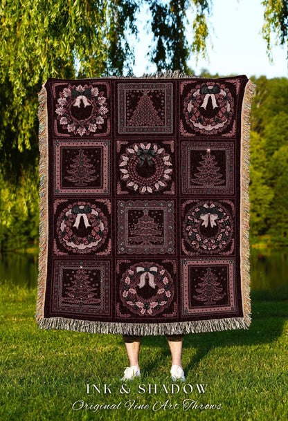 Whimsigothic Christmas Wreath & Tree Checkered Tapestry Throw Festive Decor | Vintage Burgundy Holiday Blanket Victorian Gothic Cottagecore