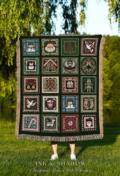 Scandi Folk Art Christmas Throw Whimsical Patchwork Tapestry Blanket Nordic Style | Rustic Winter Nordic Style Cozy Classic Holiday Decor