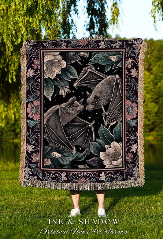 Gothic Woodland Dark Floral Bat Blanket Whimsigoth Decor | Macabre Tapestry Blanket Dark Botanical Forestcore Bat Art Whimsical Woven Throw