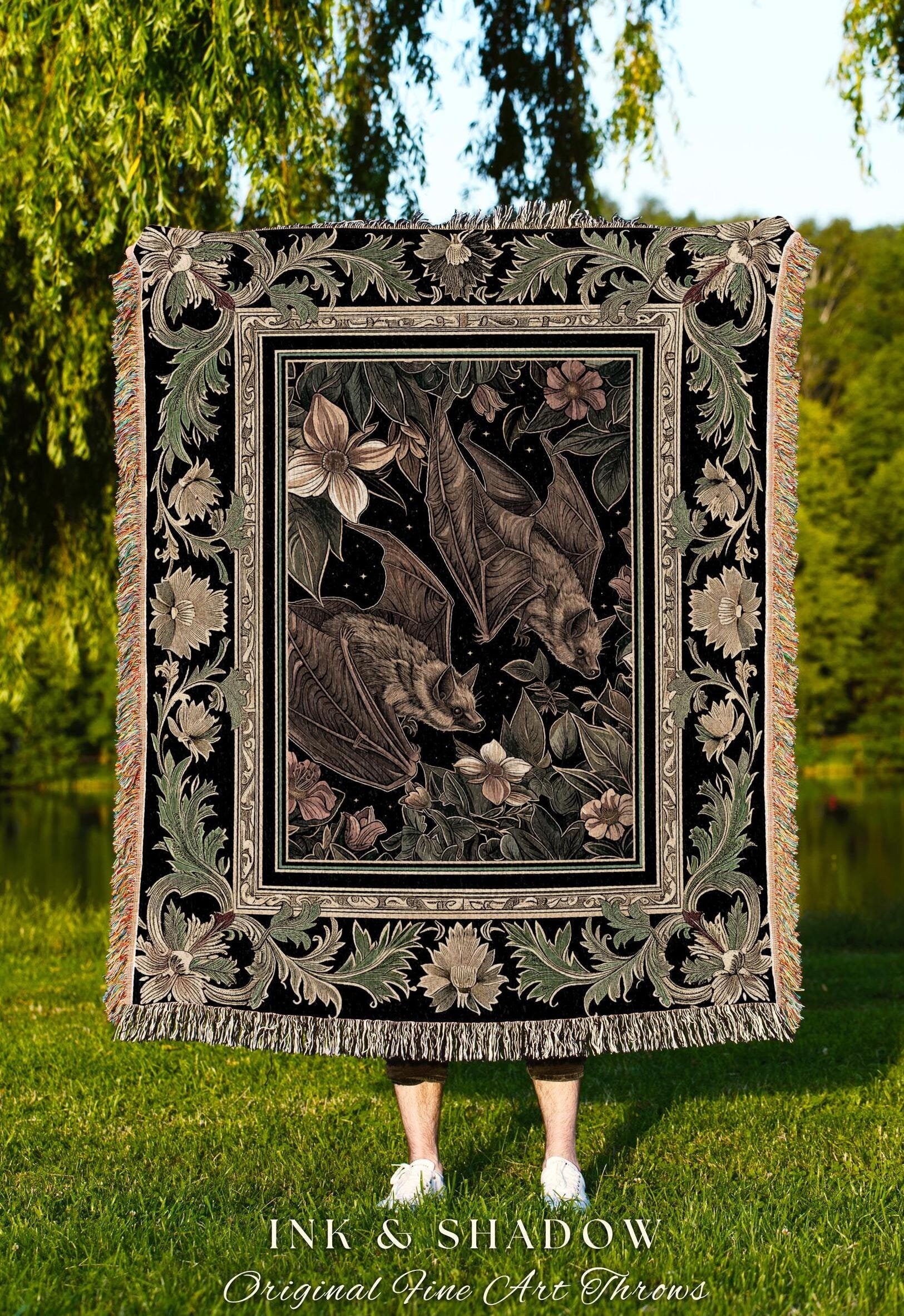 Goblincore Bat Lovers Tapestry Blanket Gothic Cottagecore, Dark Woodland Art Ethereal Botanical Woven Throw Grunge Fairycore Forest Decor