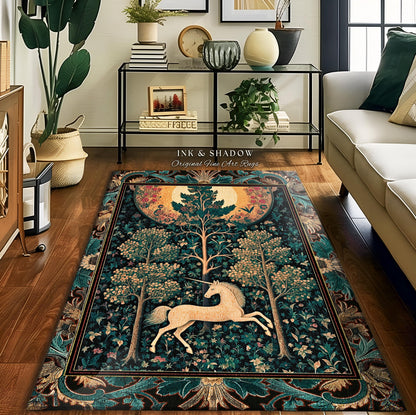 Moonlit Forest Mystical Unicorn Runner Rug Medieval Fairycore Decor | Renaissance Whimsical Gothic Aesthetic Baroque Forestcore Home Accent