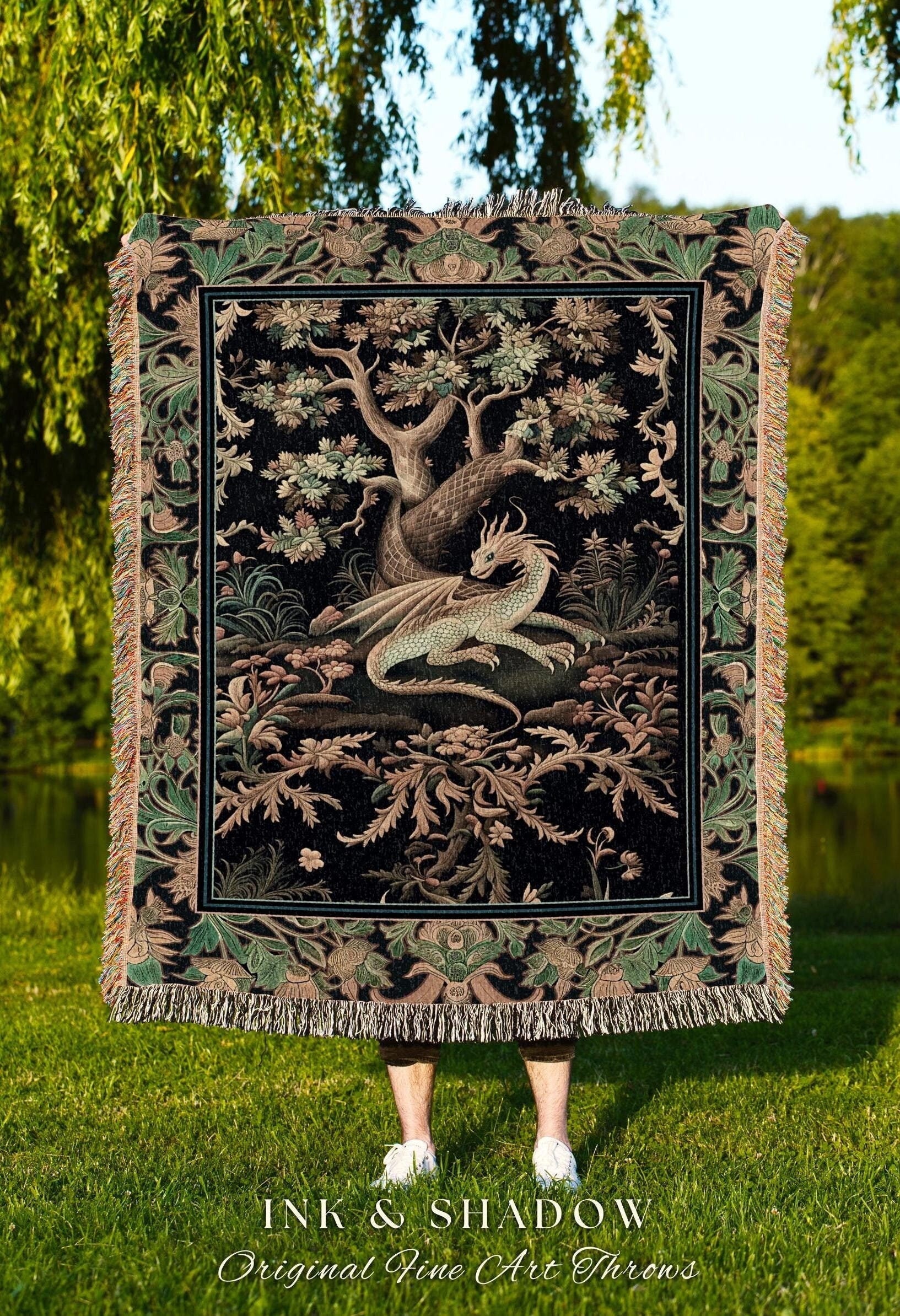 Ethereal Dragon Art Tapestry Throw Enchanted Decor Fantasy Forest Whimsical Woodland Gothic Decor | Fairytale Whimsy Art Deco Dragon Blanket