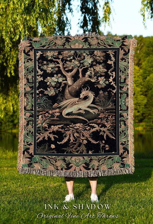 Ethereal Dragon Art Tapestry Throw Enchanted Decor Fantasy Forest Whimsical Woodland Gothic Decor | Fairytale Whimsy Art Deco Dragon Blanket