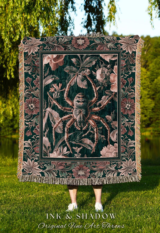 Antiqued Rose Spider Blanket Enchanted Gothic Floral Forestcore Tapestry | Victorian Dark Academia Arachnid Baroque Art Vintage Cottagecore