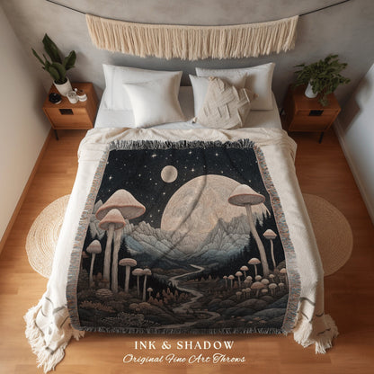 Cosmic Landscape Mushroom Blanket | Cottagecore Aesthetic Crowcore Wall Hanging Tapestry Boho Cozy Gift for Mushroom Lover Whimsical Decor