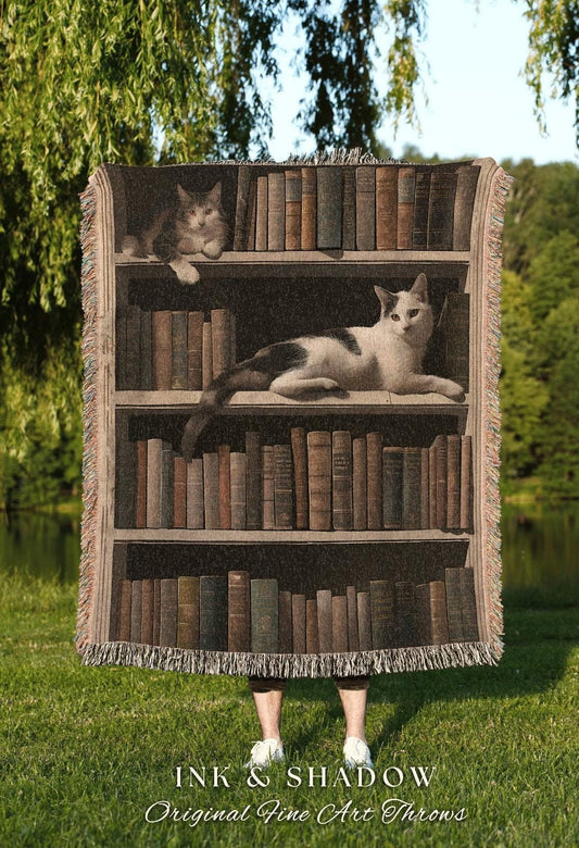 Book Nook Cozy Blanket for Reader | Cottagecore Gift for Bookworm Whimsical Cat Lover Blanket Boho Room Decor Dark Witchy Bedroom Tapestry