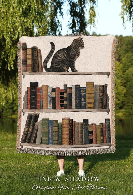 Eclectic Bookish Throw Blanket | Cottagecore Gift for Bookworm Whimsical Cat Person Blanket Boho Room Decor Dark Witchy Wall Bedroom