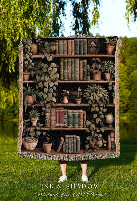 Dark Academia Woven Tapestry Blanket Vintage Library Decor Botanical Cottagecore Bookshelf Throw | Gothic Cottage Cozy Reading Nook Decor