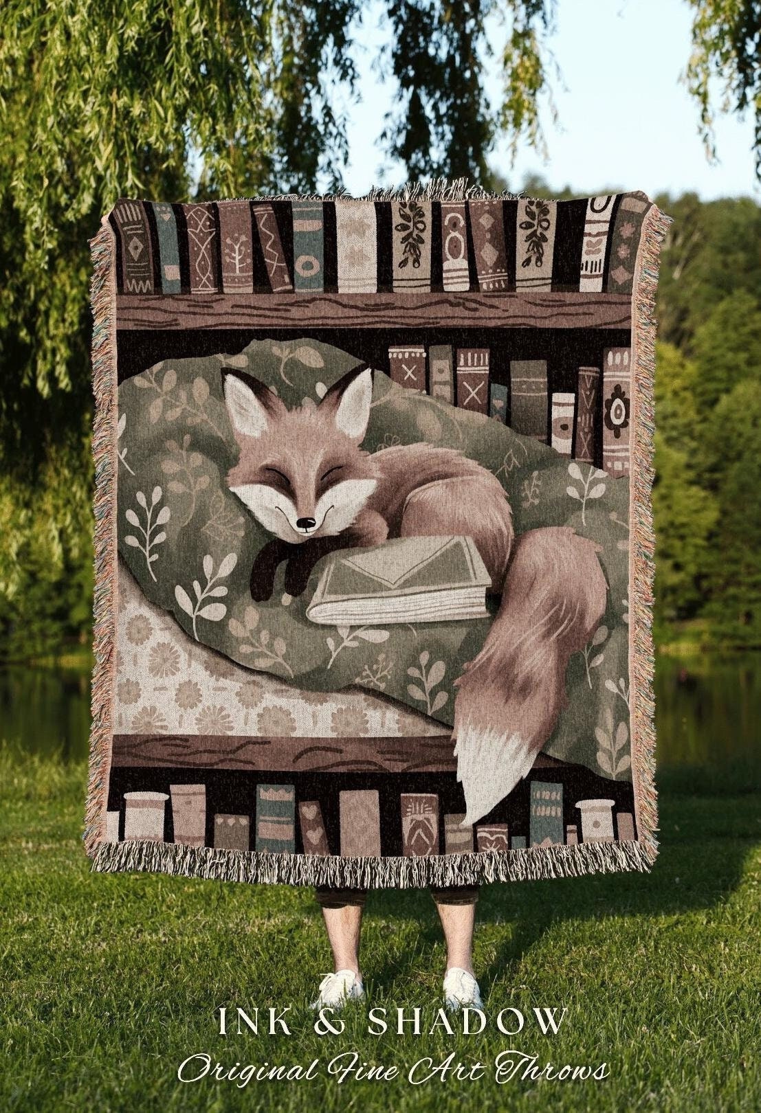 Bookish Aesthetic Dark Woodland Cottagecore Throw Woven Mystical Book Nook Gift for Reader Boho Reading Blanket Boho Fox Picnic Blanket