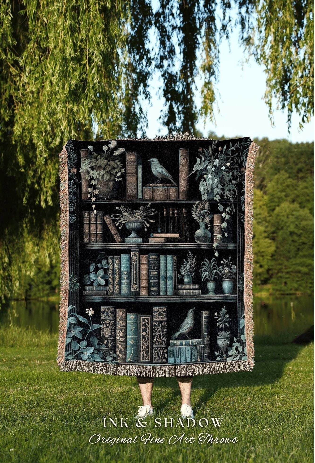Moody Botanical Bookshelf Tapestry | Cottagecore Gift for Bookworm Whimsical Book Lover Blanket Goth Room Decor Dark Witchy Bedroom Wall Art