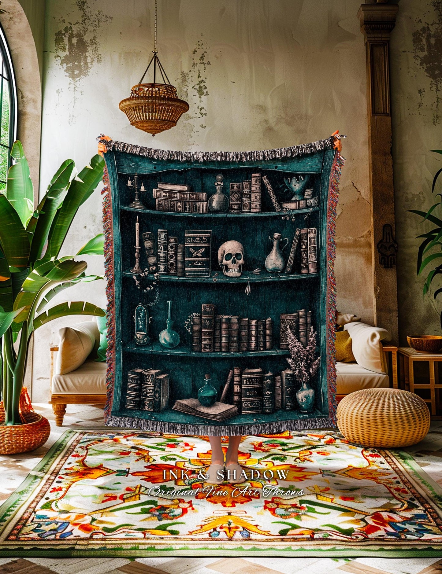 Mystical Witchy Art Bookshelf Tapestry Blanket Witch Cottagecore Woven Throw Gothic Skulls Home Decor Occult Dark Academia Book Lovers Gift