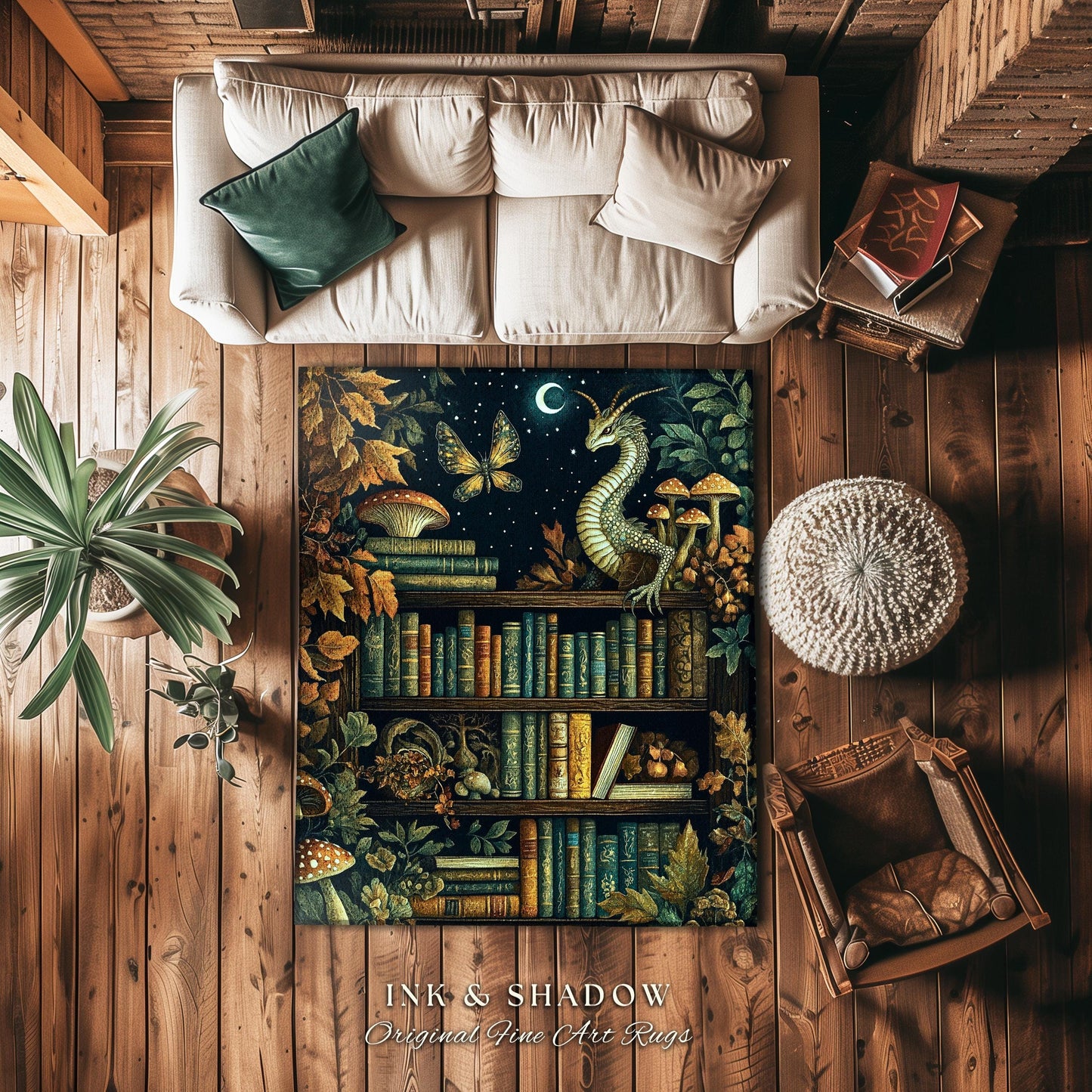 Whimsical Fantasy Bookshelf Enchanted Forest Fairycore Dragon Rug | Romantic Dark Academia Woodland Fairytale Bookish Booknook Home Decor