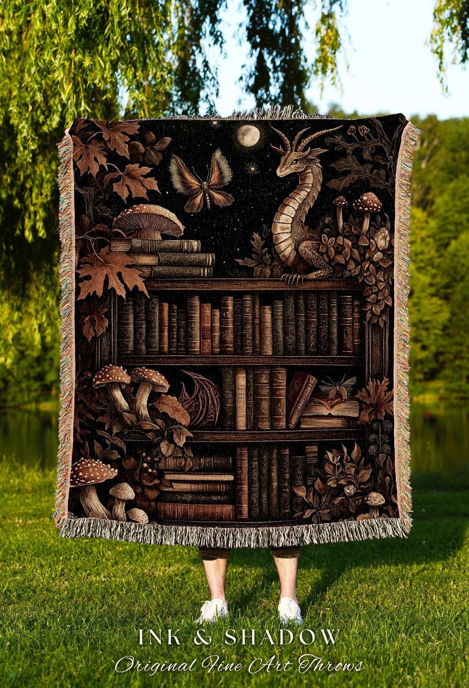 Vintage Dragon Bookshelf Blanket Whimsical Dark Academia Tapestry Throw, Enchanted Forest Mushroom Cottagecore Fairytale Literary Accent Art