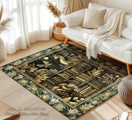 Enchanted Library Dragon Rug Mystical Dark Academia Bookshelf Fantasy Folklore Decor | Vintage Gothic Cottagecore Bookish Reading Nook Art