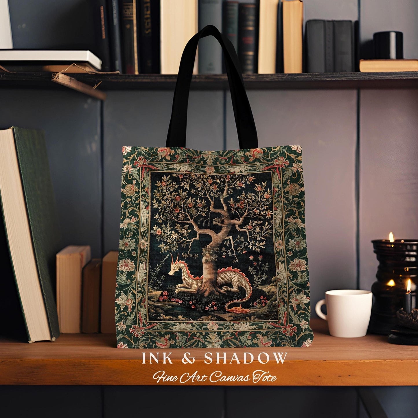 Maximalist Aesthetic Dragon Tote Fairytale Inspired Accessories, Medieval Cottagecore Style Botanical Tapestry Bag Whimsical Fairycore Art