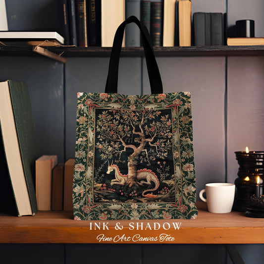 Maximalist Aesthetic Dragon Tote Fairytale Inspired Accessories, Medieval Cottagecore Style Botanical Tapestry Bag Whimsical Fairycore Art