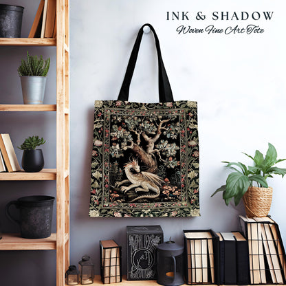 Dragon Tree of Life Woven Tote Medieval Fairytale Accessory, Cottagecore Fairycore Aesthetic Mystical Tapestry Bag Fantasy Inspired Art