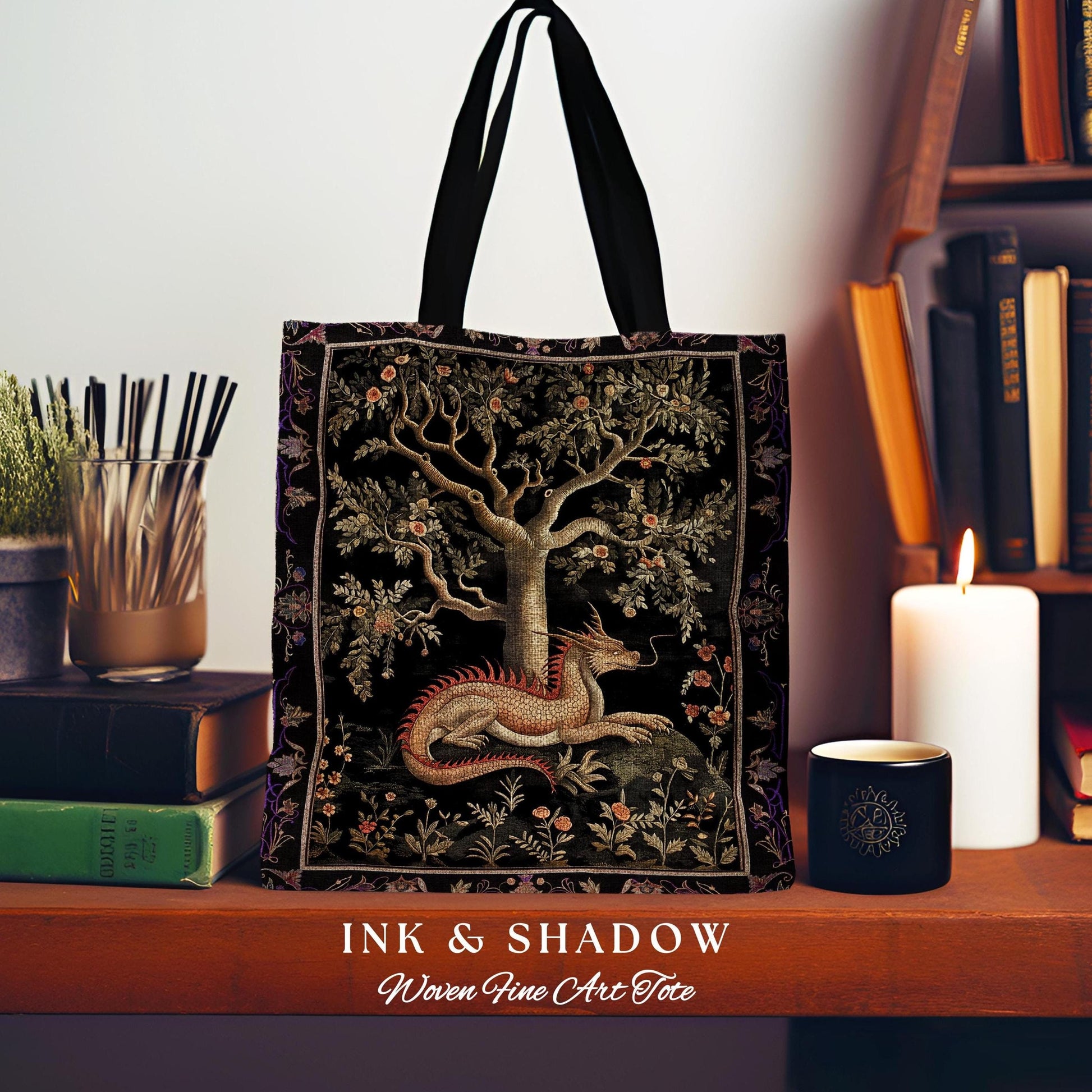 Antique Mystic Red Dragon Forestcore Medieval Fairytale Inspired Tote, Magic Dark Cottagecore Fairy Grunge Goblinecore Tapestry Woven Bag