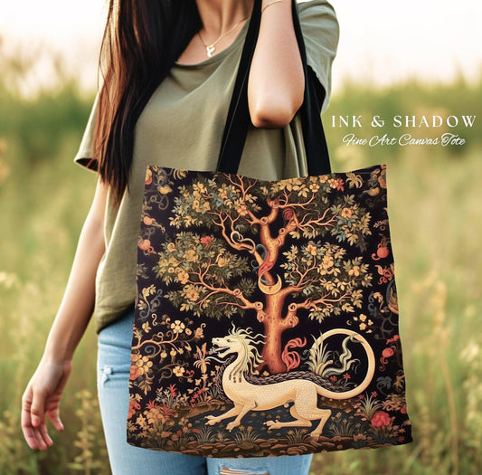 a woman carrying a bag with a picture of a dragon on it