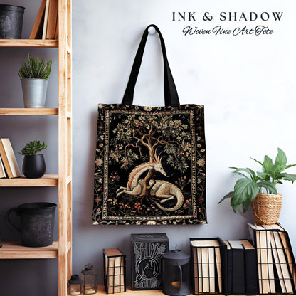 Folklore Dragon Tote Mystical Medieval Style Cottagecore Accessory, Botanical Fairytale Forest Gothic Woodland Fairycore Woven Tapestry Bag