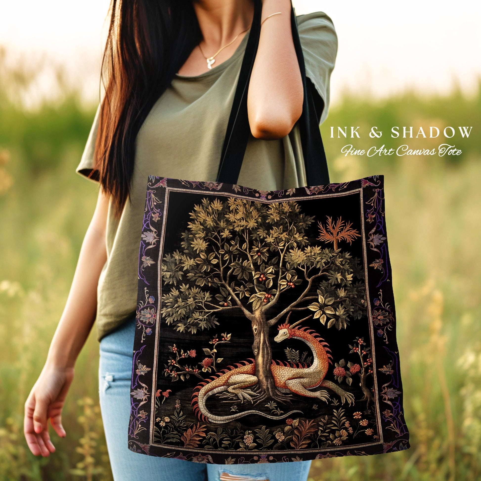 Goblincore Dragon Tapestry Tote Medieval Fairytale Inspired Woodland Accessory, Morris Style Forest Cottagecore Fairycore Woven Gothic Bag