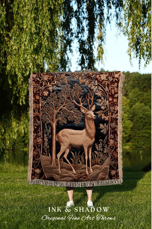 Medieval Deer Throw Blanket | Pastel Folklore Aesthetic Folk Art Tapestry Woven William Morris Decor Dark Cottagecore Fairy Core Witchy |