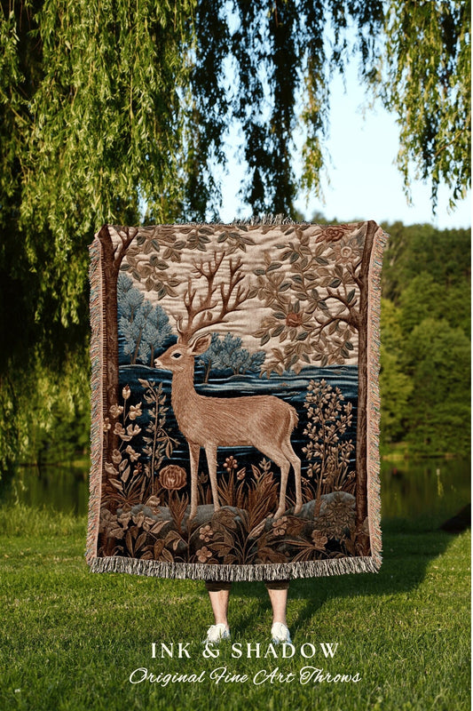 Pastel Fairycore Forest Blanket | Mystical Aesthetic Folklore Tapestry William Morris Decor Dark Cottagecore Deer Gift Cozy Throw Boho