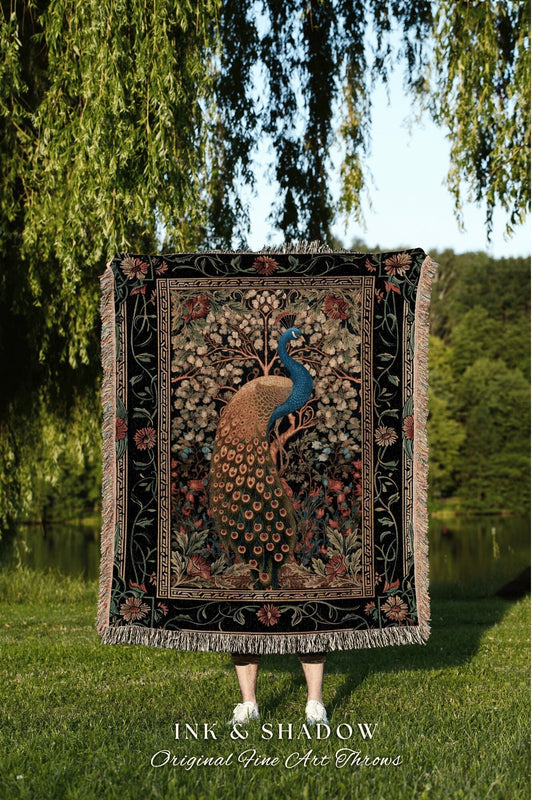 Royal Peacock Throw Blanket | Floral Ornate Tapestry William Morris Inspired Cottagecore Aesthetic Fairycore Bedroom Witchy Ethereal Gothic