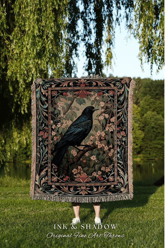 Dark Academia Crowcore Throw Blanket | Ethereal Home Decor Morris Inspired Cottagecore Tapestry Dark Fairycore Book Nook Woodland Witchy |