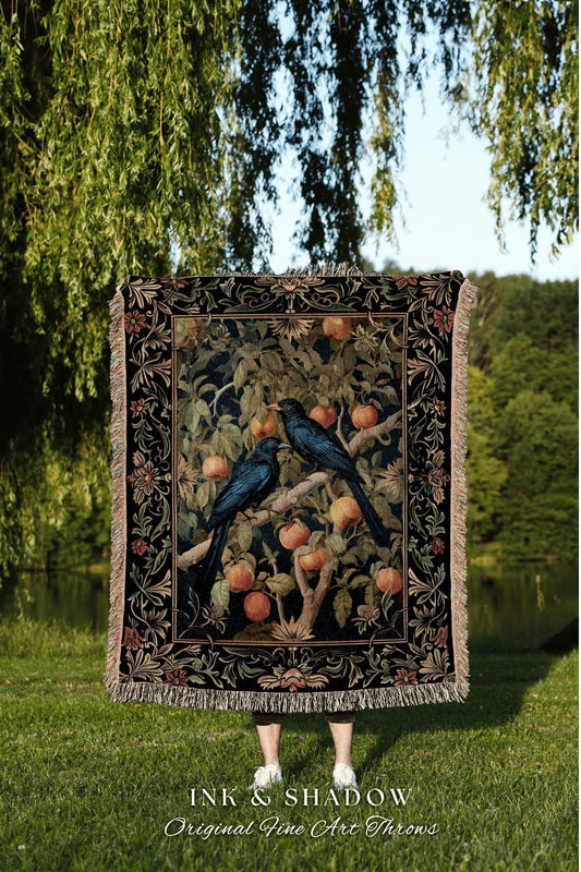 Crow Core Gothic Throw Blanket | Ethereal Bedroom Tapestry Morris Inspired Cottagecore Aesthetic Dark Fairycore Room Woodland Crowcore Art |