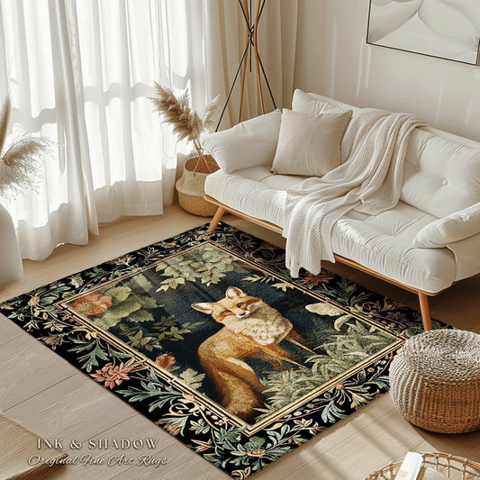 Woodland Fox Botanical Rug | Ornate Room Decor William Morris Inspired Forest Rug Fairycore Boho Bedroom Rug Ethereal Decoration Cottagecore