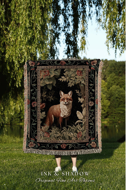 Woodland Fox Botanical Throw | Ornate Room Decor Forestcore Fairycore Boho Bedroom Blanket Woven Tapestry Ethereal Decoration Cottagecore |