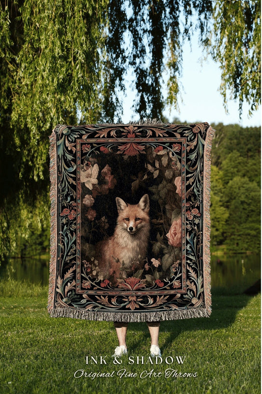 Elegant Floral Fox Blanket Cozy | Ornate Room Decor William Morris Inspired Forest Tapestry Woven Fairycore Bedroom Ethereal Cottagecore |