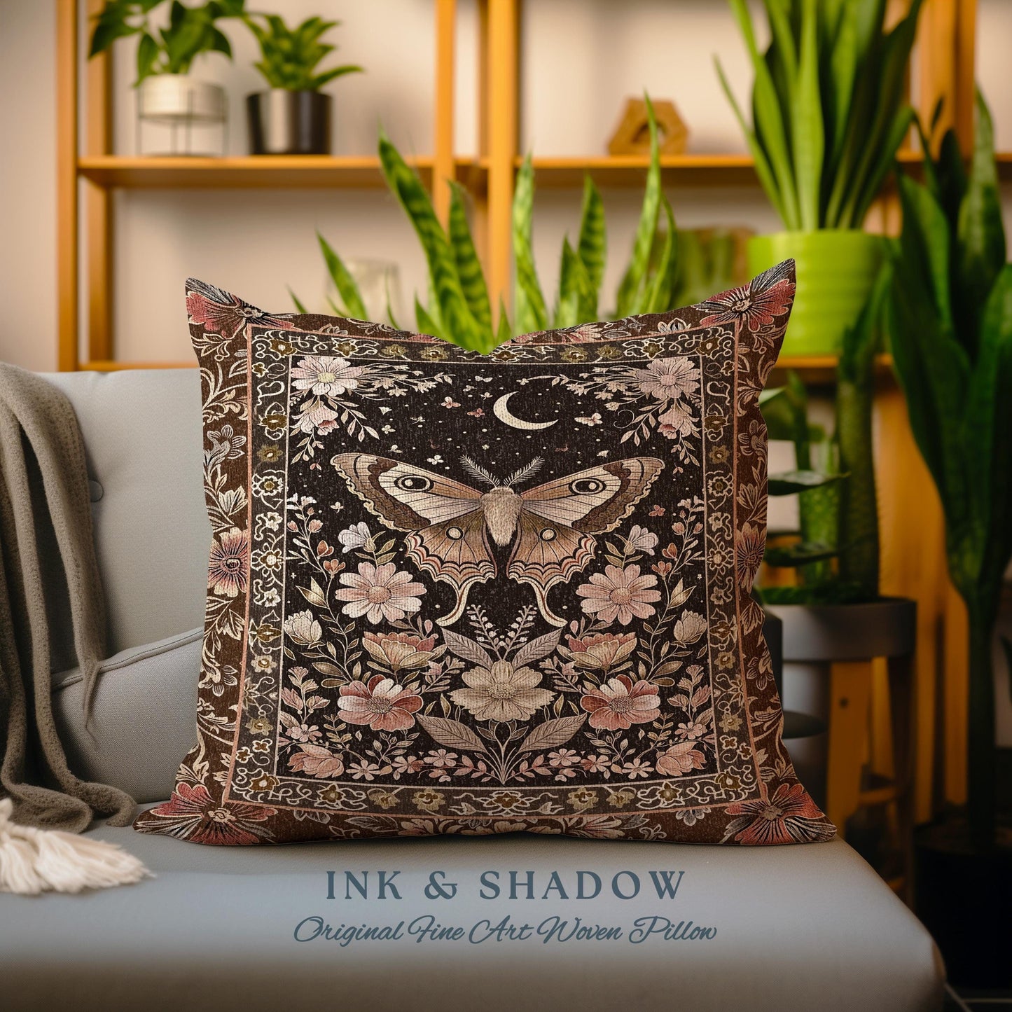 Rustic Floral Cottageore Moth Tapestry Pillow Vintage Aesthetic Fairycore Room Decor | Dark Academia Botanical Butterfly Wildflower Cushion